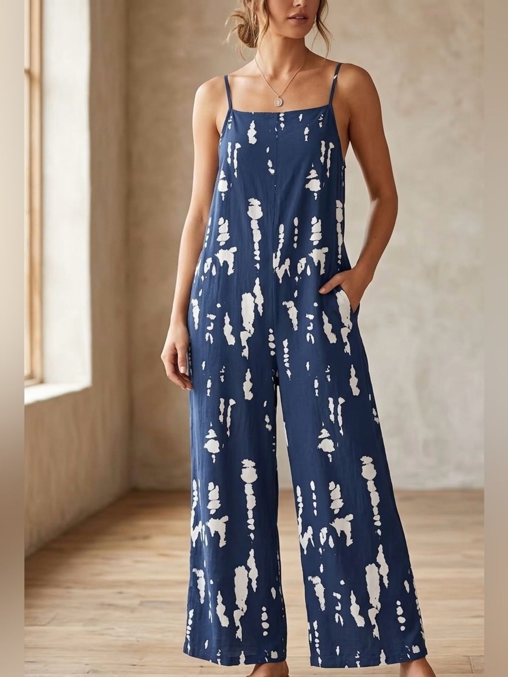 Tie Dye Wide Leg Jumpsuit Navy Blue White Pockets Medium